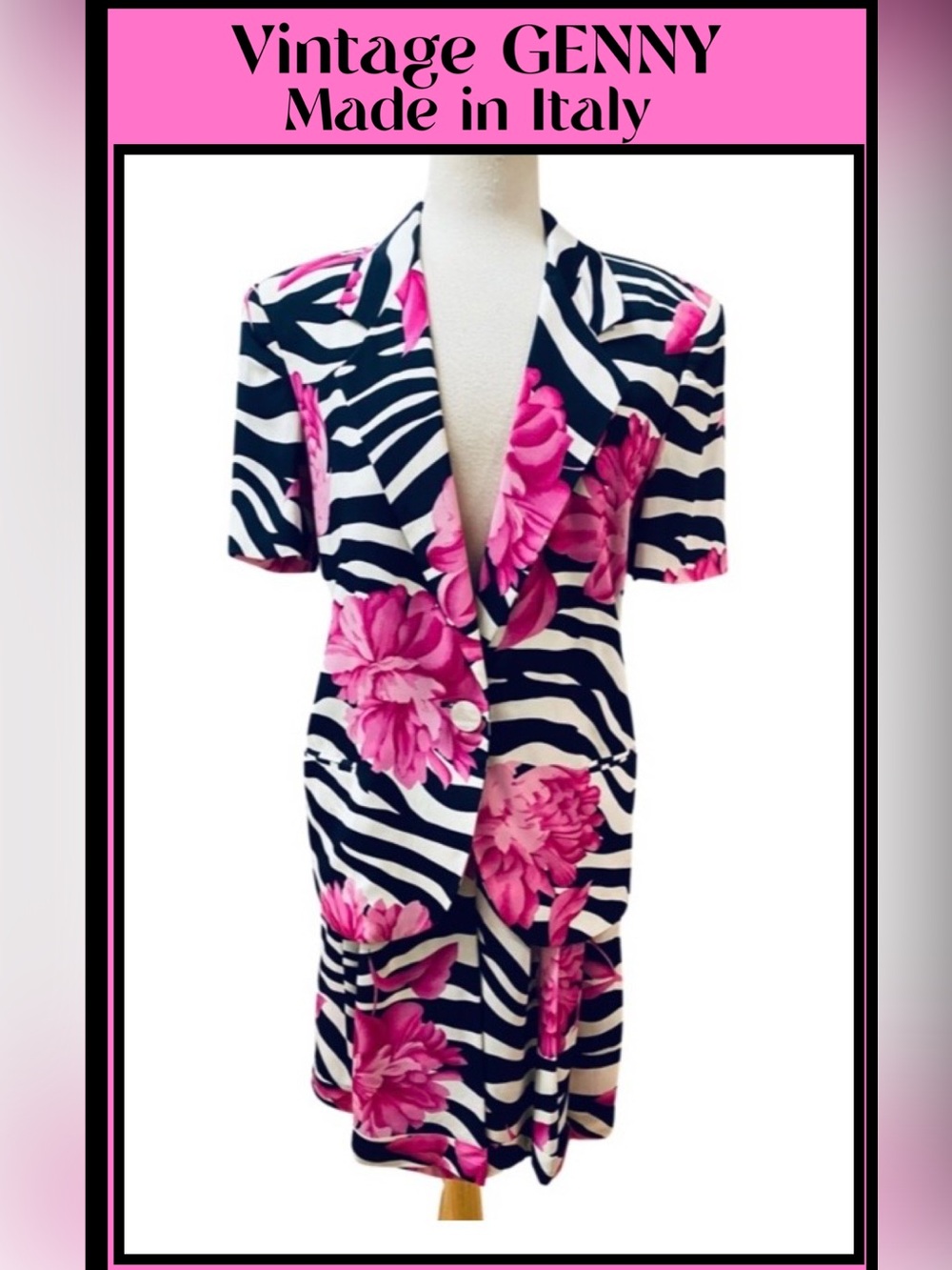 Vtg GENNY Italy 2pc Jacket Skort Silk Zebra & Fuschia Floral Print 42/8